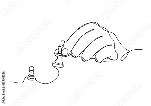 hand holding a chess pawn, business strategy illustration in line art drawing