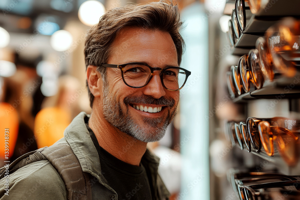 Smiling man wearing glasses stands beside a rack of eyewear in a store. Concept of shopping and lifestyle. For marketing eyewear and fashion.