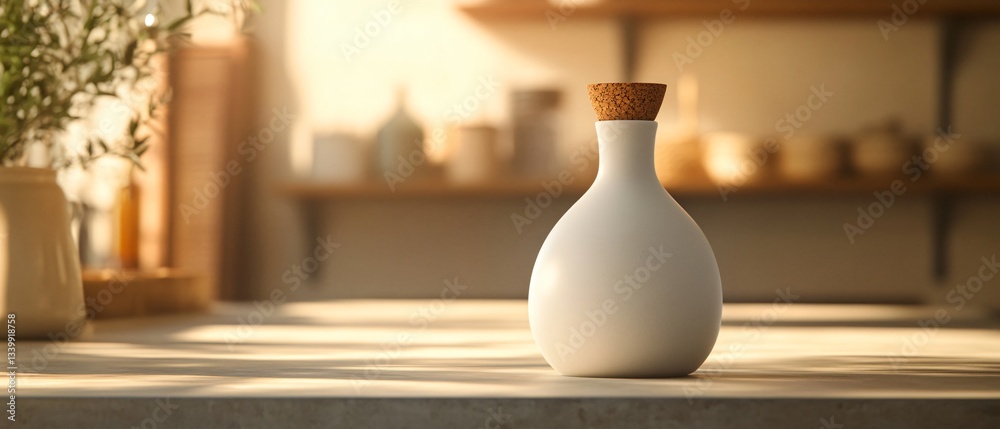 Naklejka premium Matte White Pottery Olive Oil Bottle with Cork Lid, Textured Concrete Shelf, Soft Light. Copy space. Generative AI