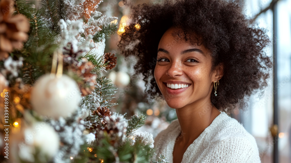 A woman smiles near a decorated tree with ornaments and lights. Concept of holiday joy. For Christmas mood.