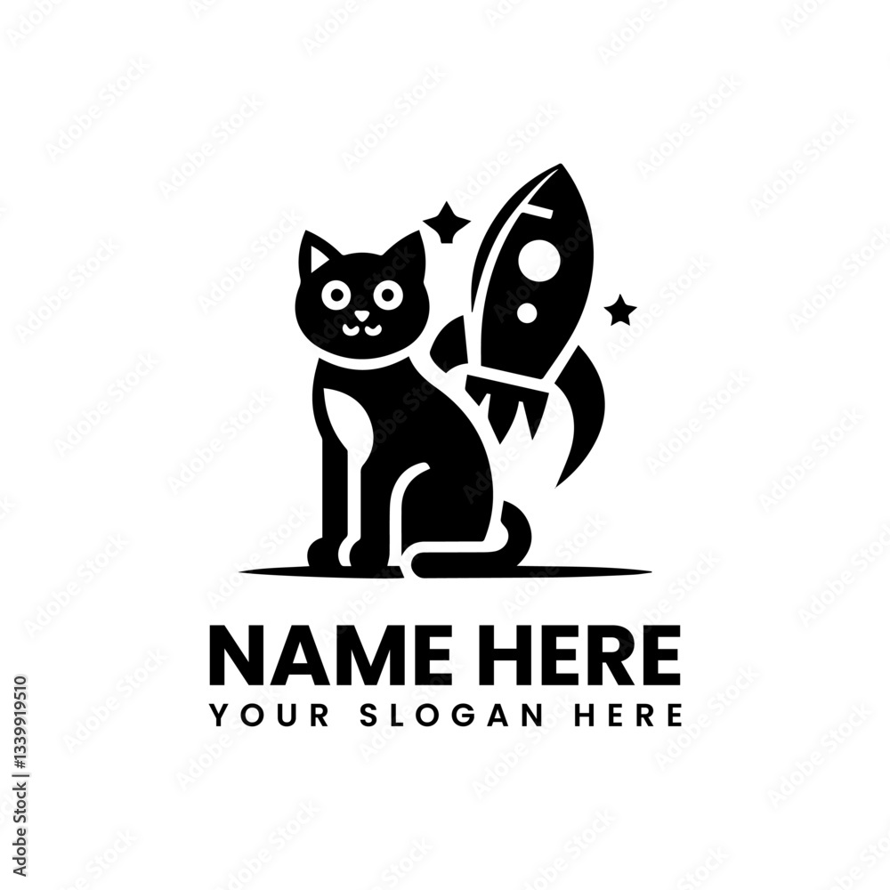Bold cat and rocket graphic. Playful space adventure design