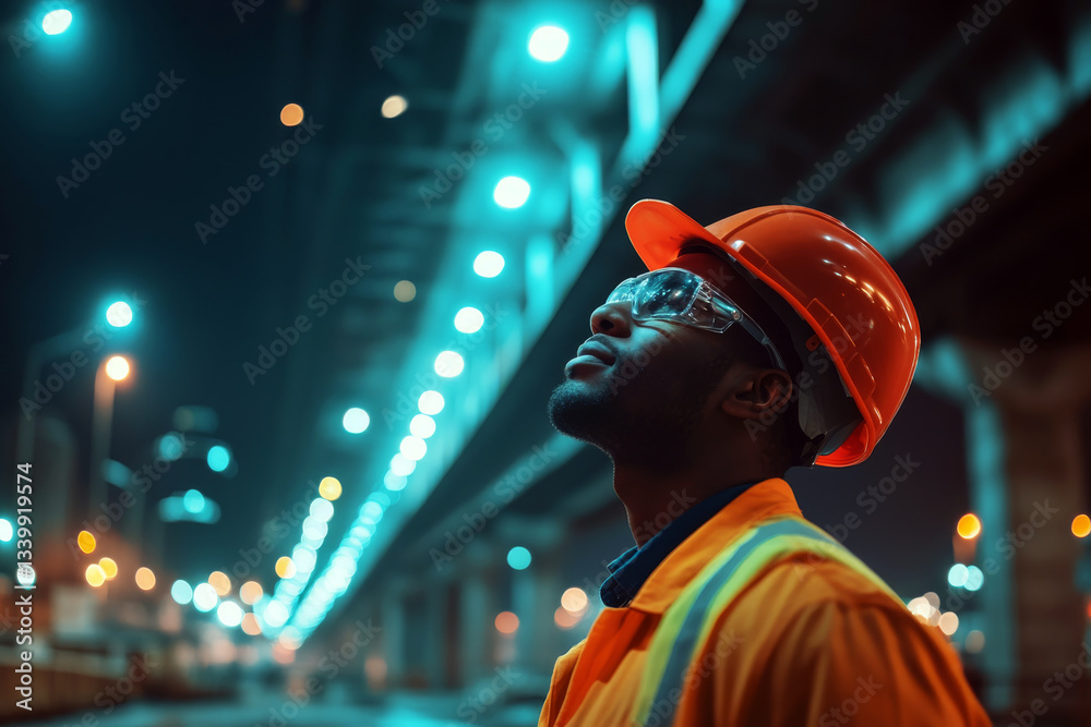 Construction worker in orange safety gear gazes upward under city lights at night. Concept of urban construction at night. For construction industry promotion.