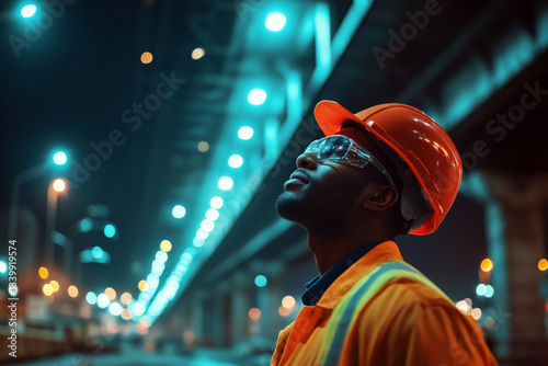 Obraz na płótnie Construction worker in orange safety gear gazes upward under city lights at night. Concept of urban construction at night. For construction industry promotion. w salonie