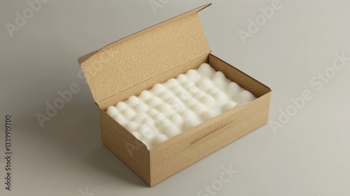Open cardboard box with foam insert showcasing soft protective packaging for delicate items, minimalist background emphasizing packaging design and sustainability