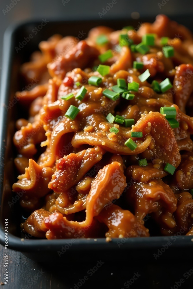 Slow-cooked pulled pork, tender and juicy, on a sleek black tray , appetizing, slow cooked Slow-cooked pulled pork, tender and juicy, on a sleek black tray , appetizing, slow cooked