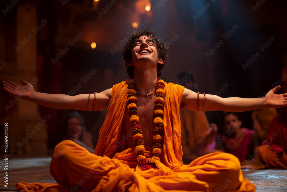 Young person in orange robes sits cross-legged, arms wide, and smiles under warm light inside a temple setting. Concept of spiritual joy. For meditation photo.
