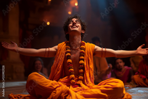 Obraz na płótnie Young person in orange robes sits cross-legged, arms wide, and smiles under warm light inside a temple setting. Concept of spiritual joy. For meditation photo. w salonie