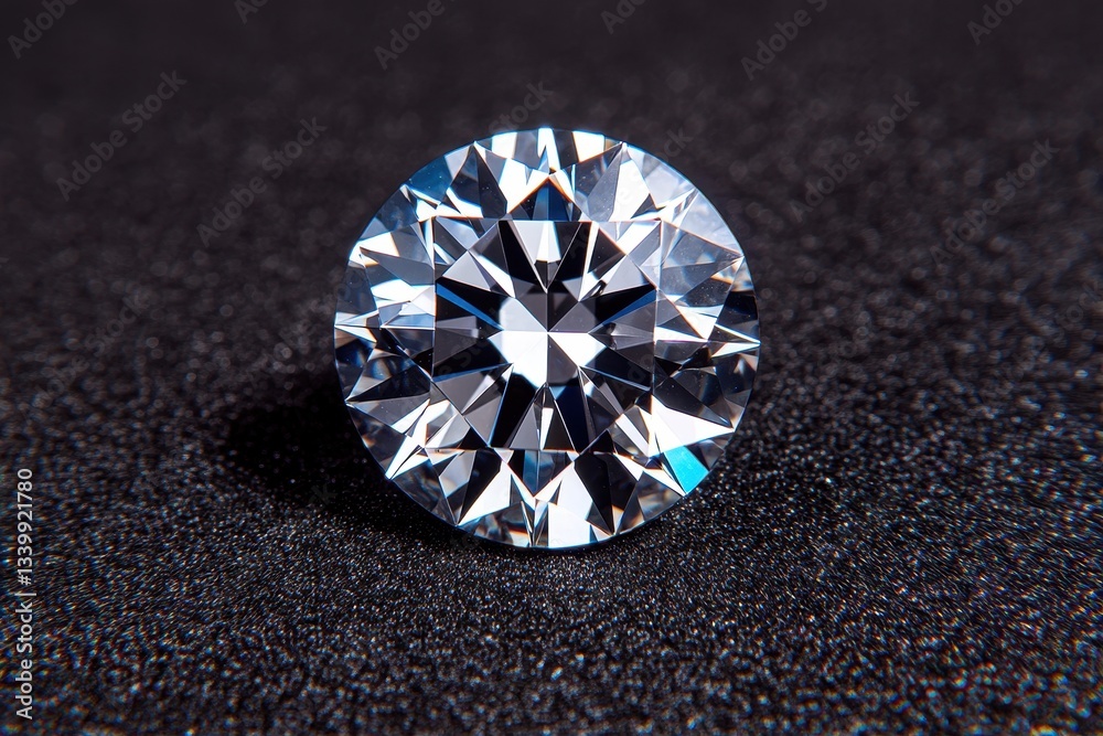 Perfectly cut diamond shines on black material backdrop. Use for luxury designs, jewelry ads, or financial visuals.