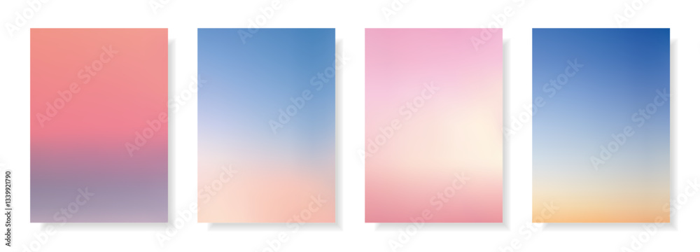 Set of abstract blurred backgrounds.Evening sky, sunset and sunrise on the ocean, sea summer landscapes.Decorative gradient backdrops.Templates for invitations, greeting cards.Vector, meshes Set of abstract blurred backgrounds.Evening sky, sunset and sunrise on the ocean, sea summer landscapes.Decorative gradient backdrops.Templates for invitations, greeting cards.Vector, meshes