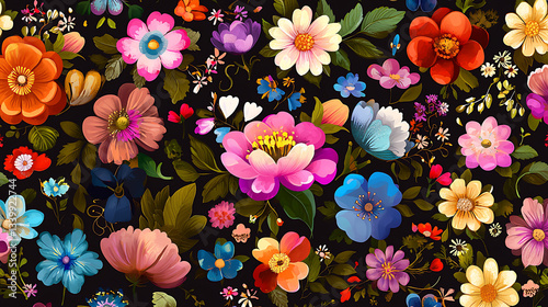 Wallpaper Mural vibrant seamless pattern featuring colorful flowers on dark background, evoking sense of joy and beauty Torontodigital.ca