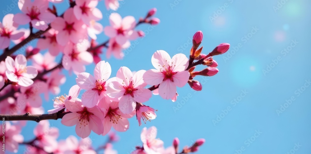 Pink cherry blossoms in full bloom on branches against a blue sky , nature, sakura, pink flowers Pink cherry blossoms in full bloom on branches against a blue sky , nature, sakura, pink flowers