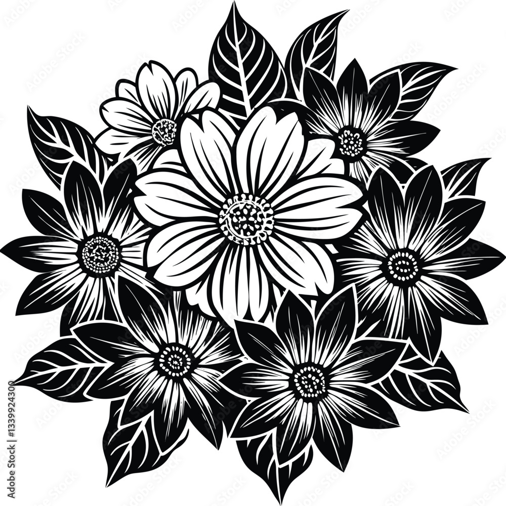 Fototapeta premium A black and white drawing of a flower with leaves and flowers