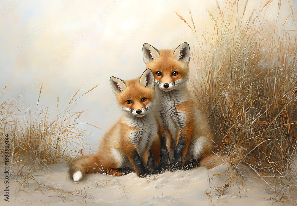 Obraz premium Two adorable fox cubs sit together in serene setting, surrounded by soft grass and gentle background, evoking sense of warmth and innocence
