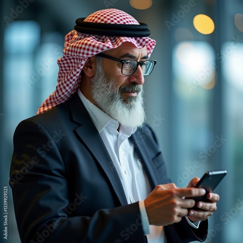 middle aged man white beard red white checkered headscarf wearing black suit glasses looking his phone serious expression his face background blurred appears indoor setting large windows lights man photo