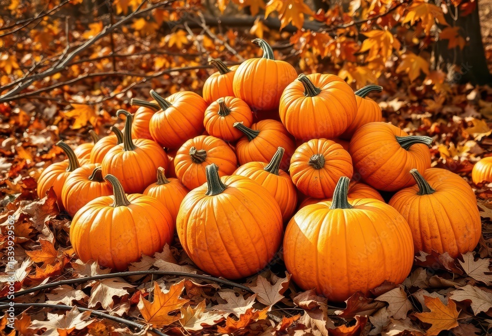 Pile of pumpkins on autumn leaves, with fallen branches and sunlight, pumpkins, image Pile of pumpkins on autumn leaves, with fallen branches and sunlight, pumpkins, image