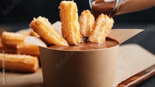 A close-up of churros being dipped into thick hot chocolate