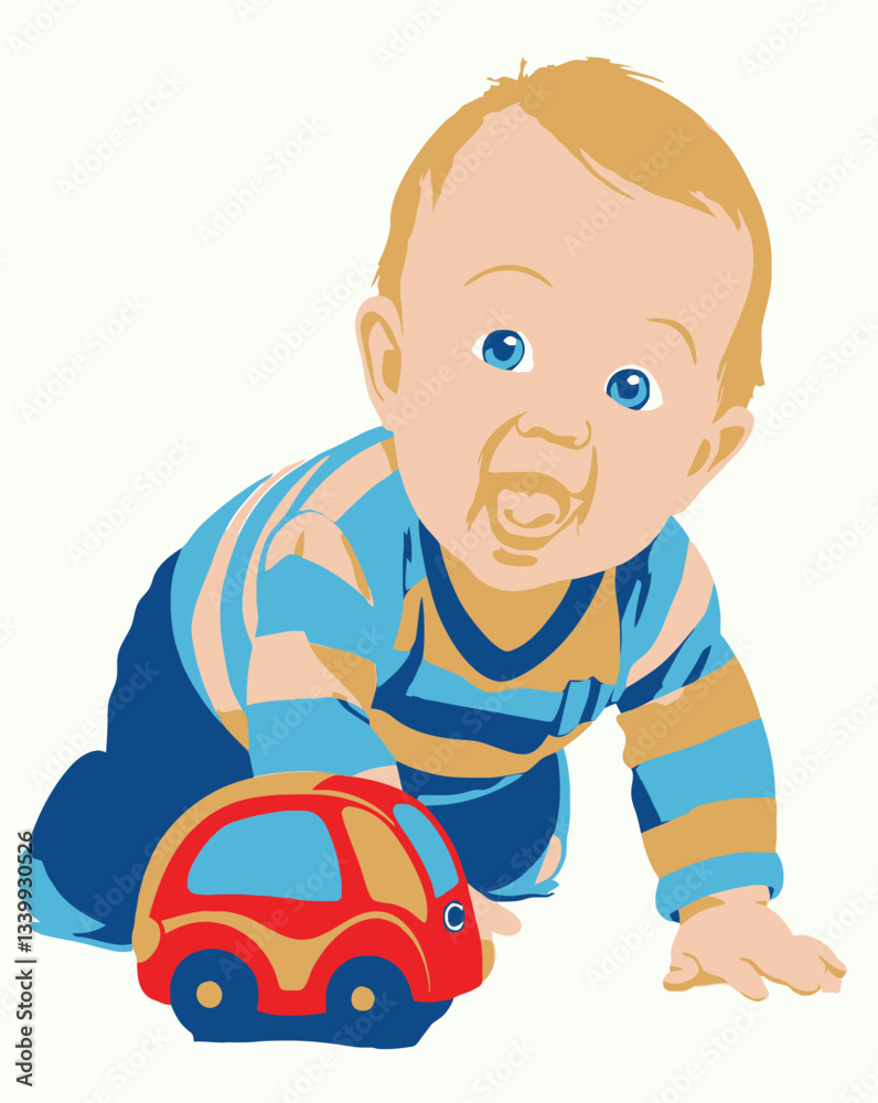 Happy baby crawling and playing with toy car Happy baby crawling and playing with toy car