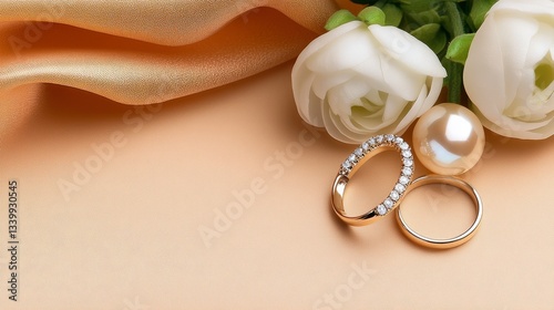 Elegant Gold Wedding Rings with White Flowers and Pearls on a Golden Fabric Background