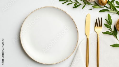 Elegant White Plate with Gold Cutlery and Easter Decorations on White Background