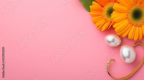 Elegant Pearl Jewelry and Orange Flowers on Pink Background