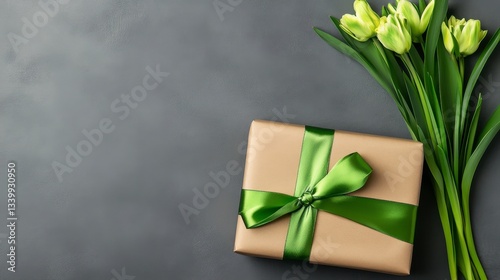 Gift Wrapped in Kraft Paper with Green Ribbon and Tulips