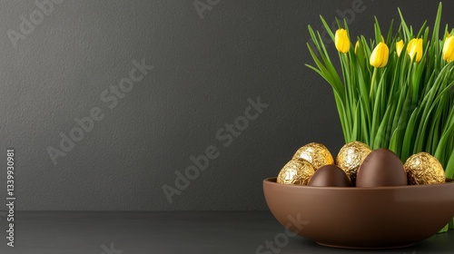 Golden and Dark Chocolate Eggs in Brown Bowl with Yellow Tulips on Dark Background