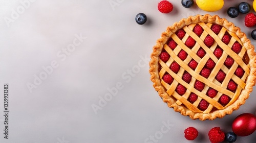 Overhead View of Raspberry Lattice Top Pie with Berries on Gray Background
