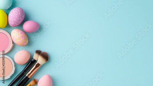 Pastel Easter Eggs and Makeup Brushes on Light Blue Background