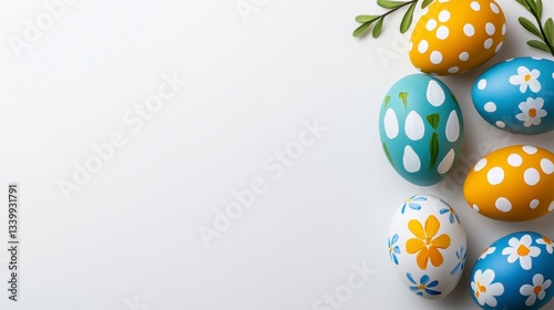 Pastel Easter Eggs with Floral and Polka Dot Patterns on White Background