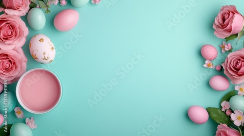 Pastel Pink Easter Eggs and Roses on Aqua Background