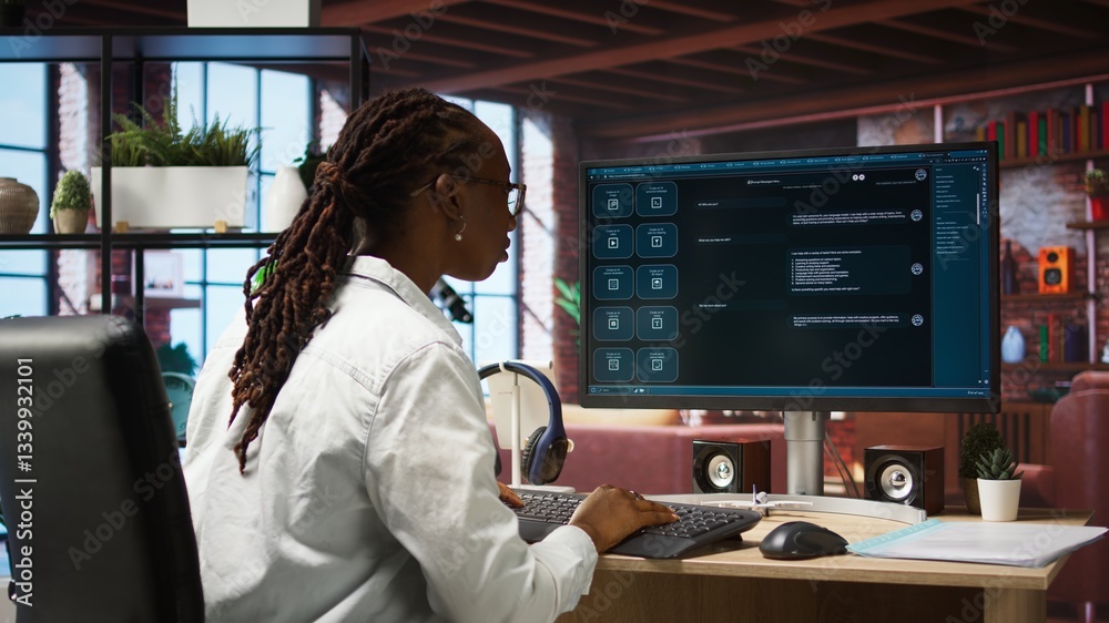 Woman solving personal tasks with AI LLM chatbot answering prompts using predictive technology. Person using computer in apartment to interact with large language model program, camera A