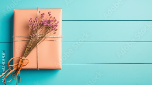 Peach Gift Wrapped with Dried Purple Flowers on Light Blue Wooden Background