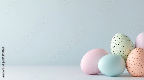 Pastel Speckled Easter Eggs on Light Blue Background