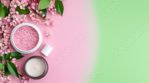 Pink and Green Spa Treatment Background with Flowers and Candle