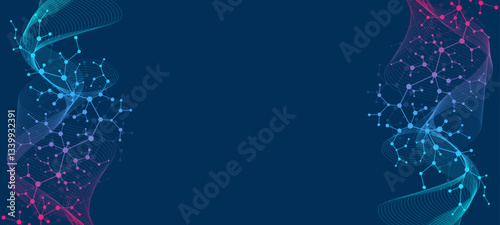 Molecular abstract structure and genetic engineering DNA. Healthcare and medicine background concept. Scientific research background. Wave flow. Innovation pattern. Vector illustration.