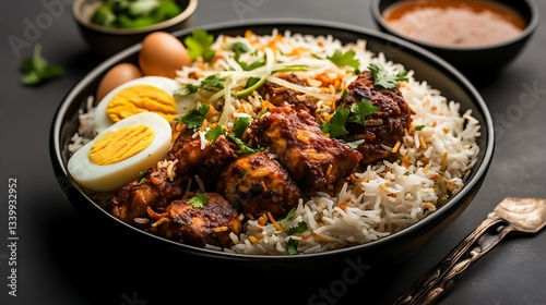 A beautifully plated Indian biryani with aromatic basmati rice, tender pieces of spiced chicken, garnished with fried onions, boiled egg, and fresh coriander. 