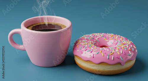 Taza de café humeante con dona rosa y chispas sobre fondo azul, desayuno perfecto y momento de indulgencia