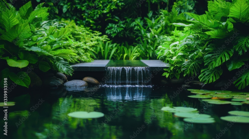 Tranquil Oasis: Serene Waterfall in Lush Tropical Garden