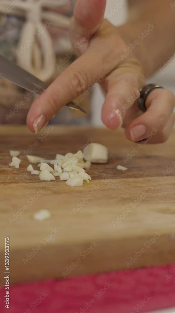 Cortando ajo con cuchillo. Preparación de ingredientes, cocina básica, comida casera