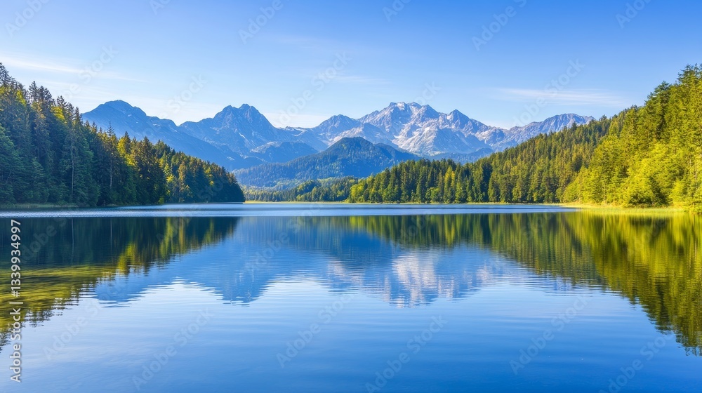 Serene lake reflecting majestic mountains under a clear blue sky with lush green forests Serene lake reflecting majestic mountains under a clear blue sky with lush green forests