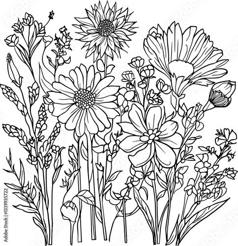 seamless floral background, line art flower pattern