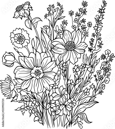 Line art illustration of flower bouquet