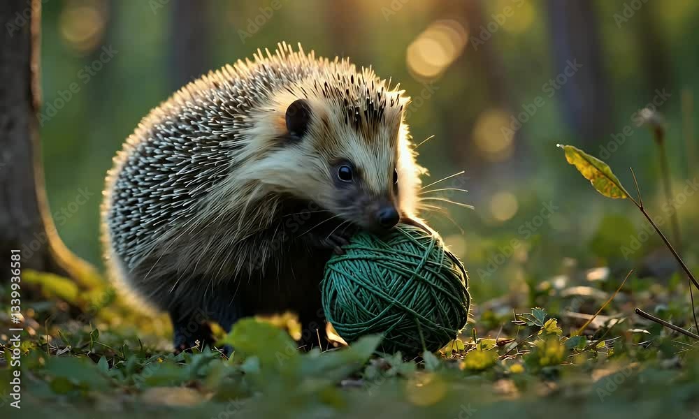 A hedgehog curiously interacts with a green ball of yarn in a sunlit forest setting.