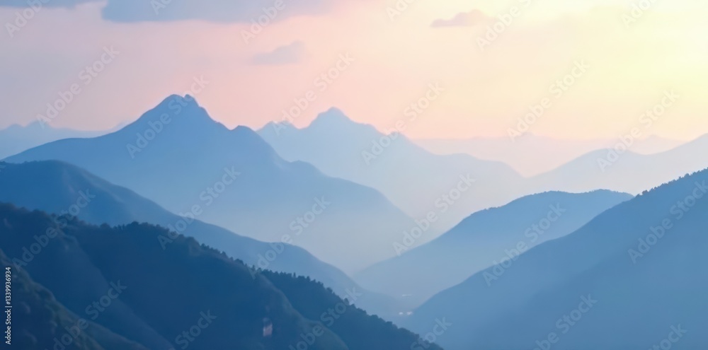 Fototapeta premium Misty mountain peaks, soft clouds, subtle gradient background , dreamlike, cloud, mist