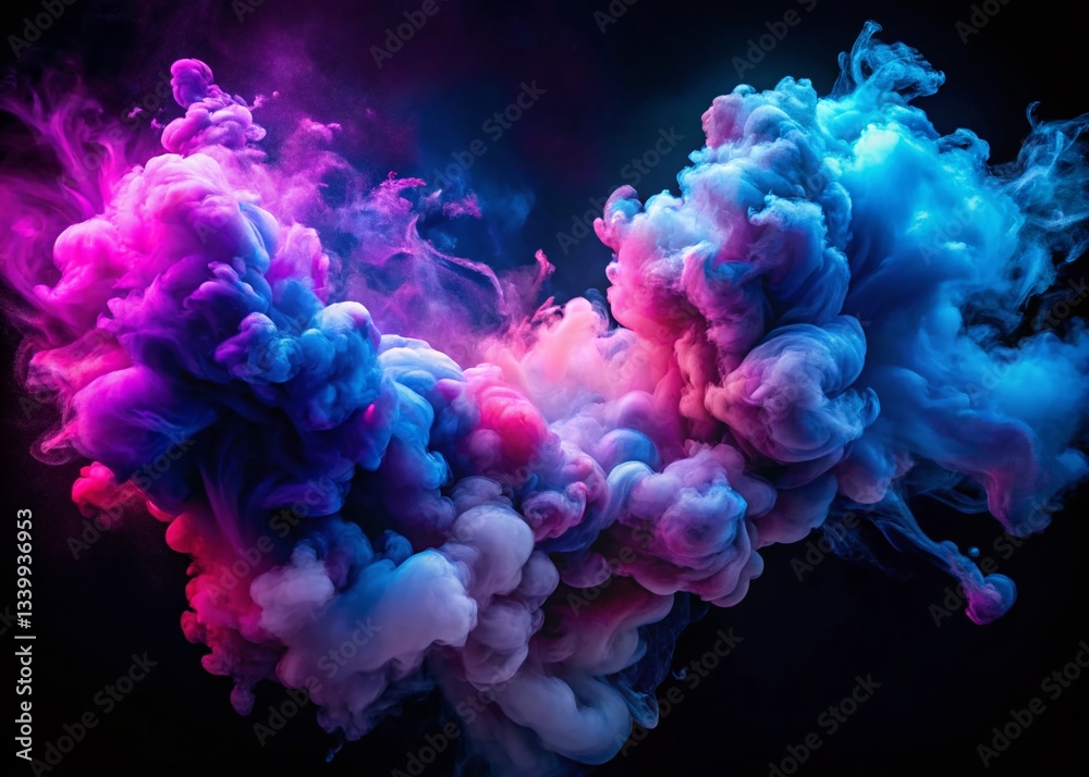 Fototapeta premium Abstract Neon Smoke Cloud: Blue Purple Multicolored Puff Design Element on Black Background