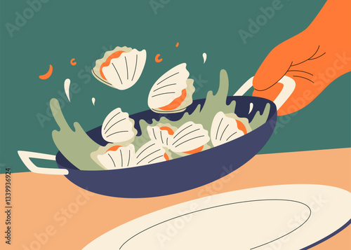 Fresh clams being tossed in a pan with a flavorful sauce, capturing the motion of cooking