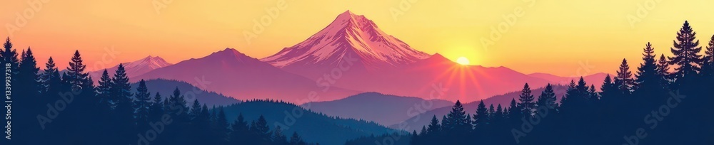 Fototapeta premium Stylized mountain silhouette, textured spruce backdrop, minimalist, sharp, trees