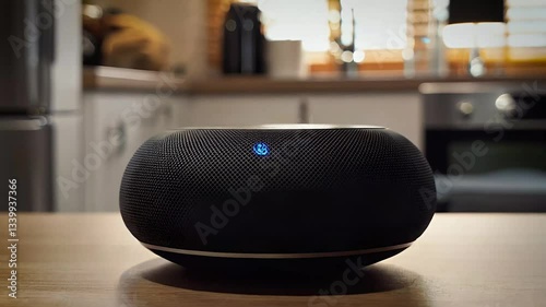 AI-powered voice assistant in a smart home, responding to a command, glowing interface,