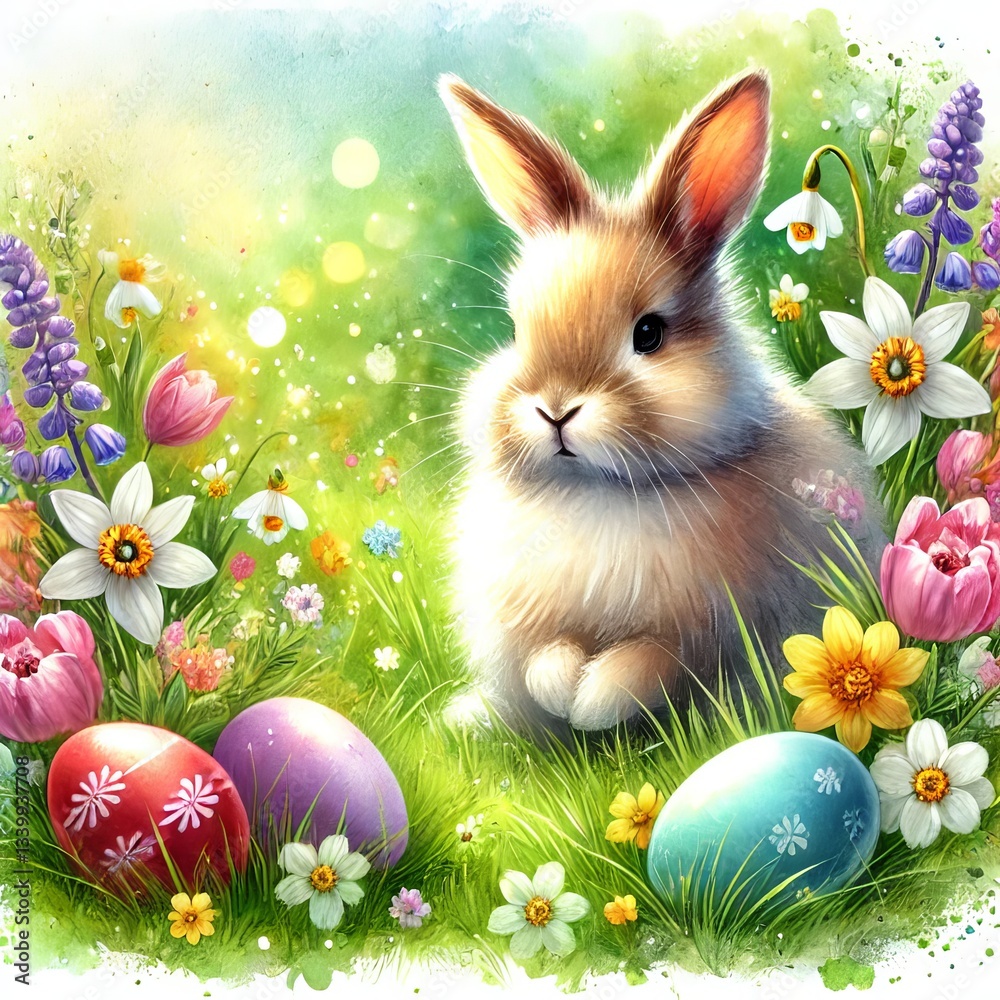 custom made wallpaper toronto digitalA fluffy Easter Bunny sits in a blooming spring garden, surrounded by colorful eggs and vibrant flowers. Soft sunlight filters through the trees, creating a dreamy watercolor scene full of warmth 