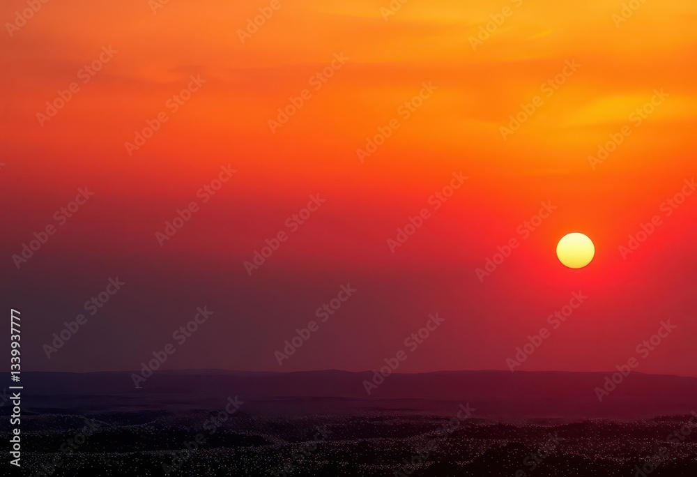 Warm sky gradient sunset, white dots scattered across landscape , summer, design Warm sky gradient sunset, white dots scattered across landscape , summer, design